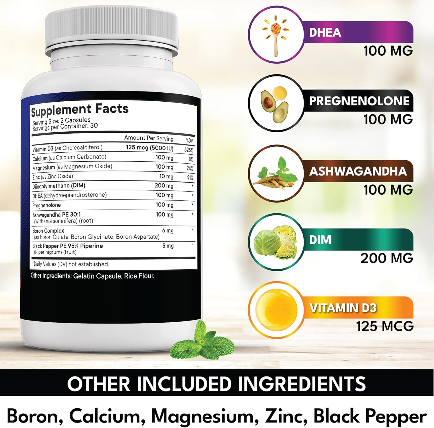 NEW AGE DHEA Supplement - Pregnenolone for Men & Women with DIM, Ashwagandha, Boron, Calcium, Magnesium, Zinc, Vitamin D3 5000iu - Support Capsules - 120 Count