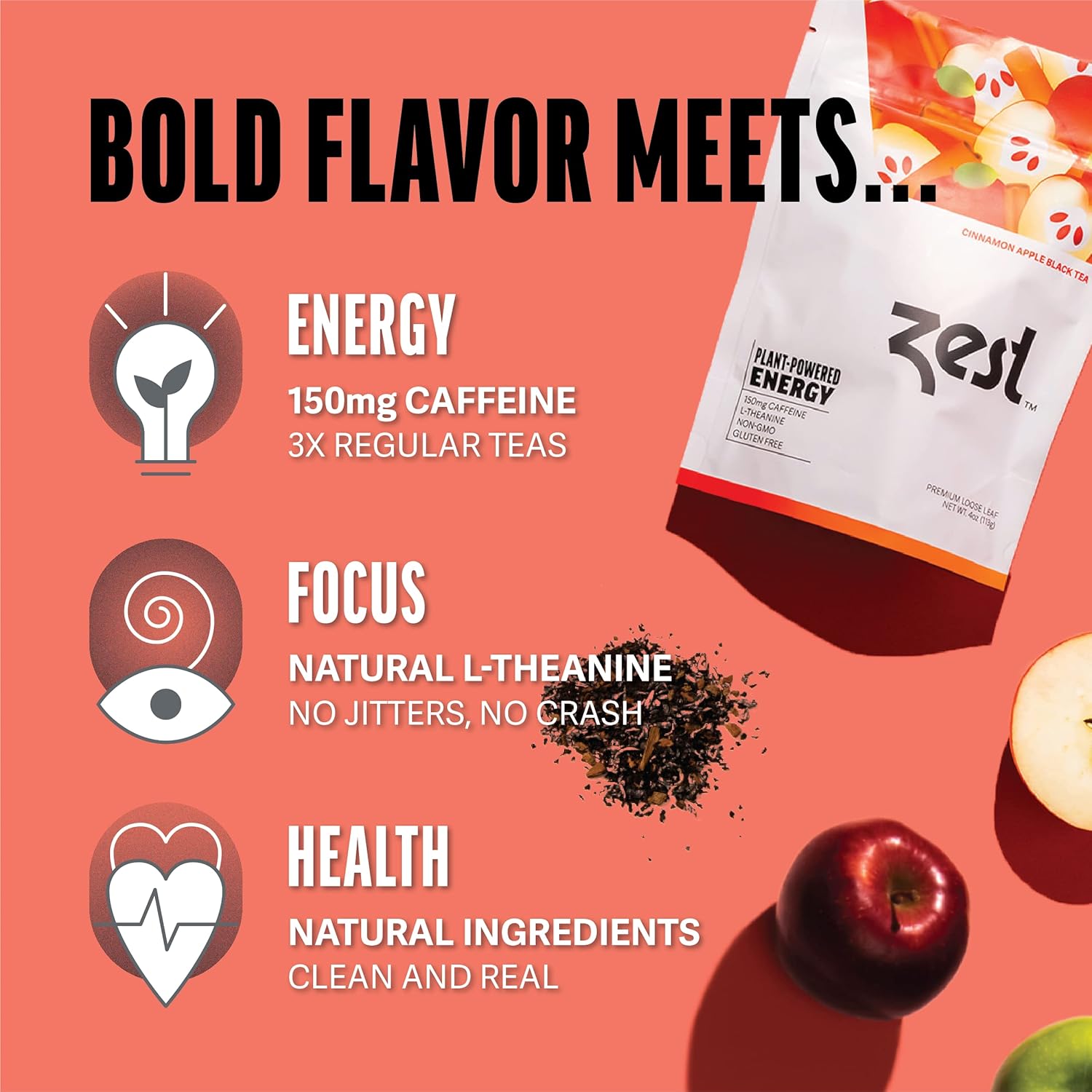 Zest 150mg High Caffeine Energy Loose Leaf Blend - Cinnamon Apple Black Tea - 4 Oz - All Natural Strong Flavored Healthy Coffee Alternative Highly Caffeinated Substitute - Perfect for Keto Diet