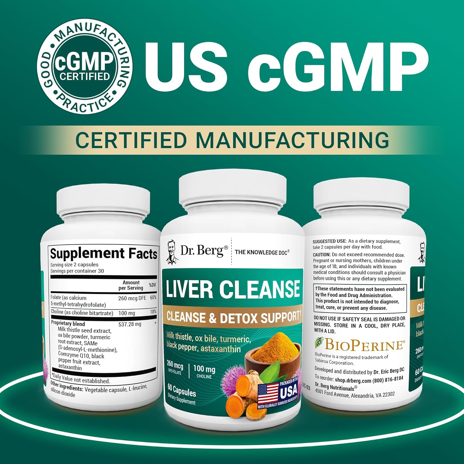 Dr. Berg Liver Cleanse Detox Capsules w/Unique Blend of Milk Thistle, Ox Bile & Folate - Liver Supplement Includes Turmeric, Black Pepper & Choline - 60 Capsules