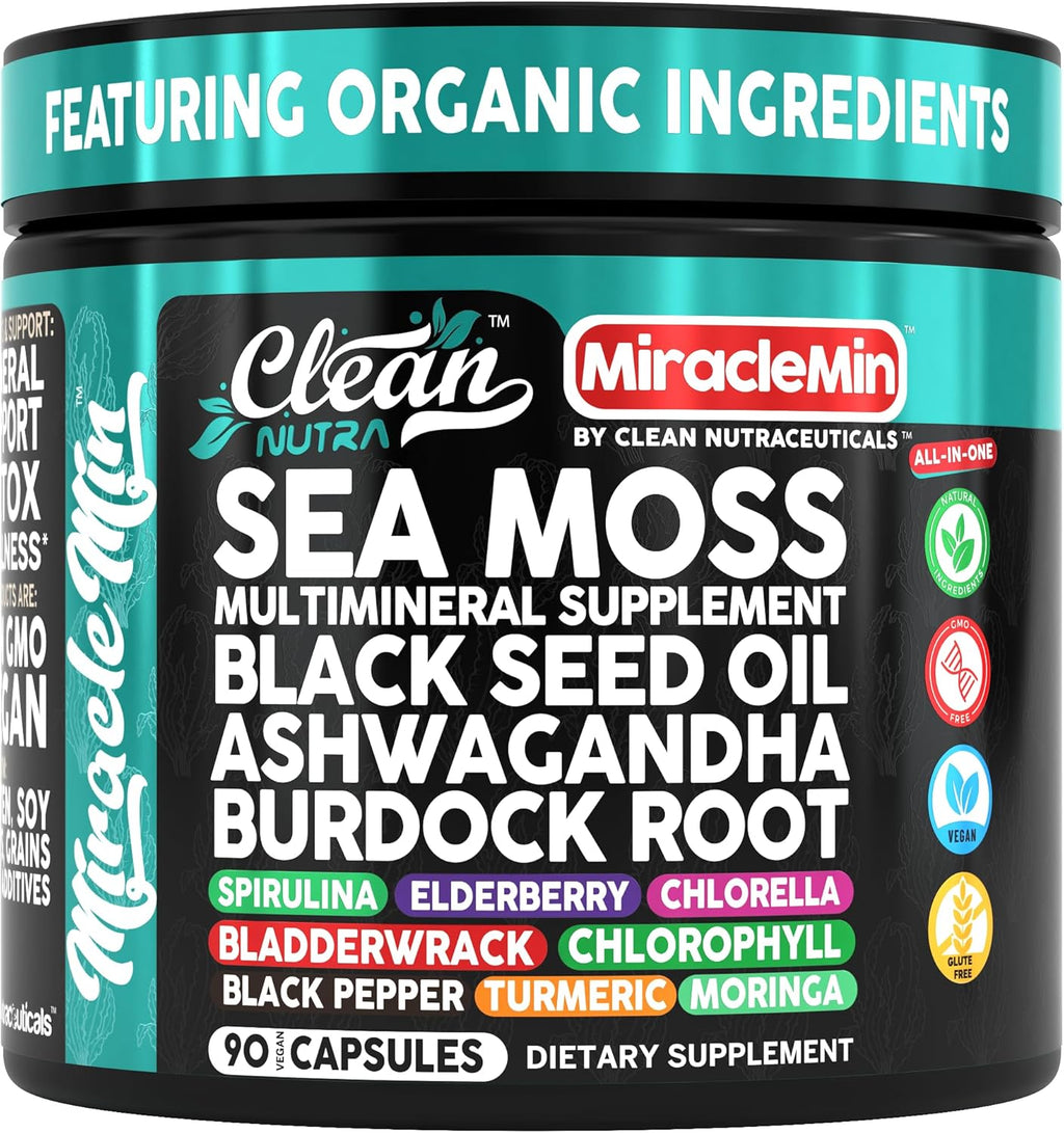 Clean Nutra Sea Moss Capsules with Ashwagandha, Black Seed Oil, Burdock Root, Bladderwrack, Moringa, Chlorella, Spirulina, Turmeric, Elderberry, Amla – 90 Vegan Capsules – MiracleMin