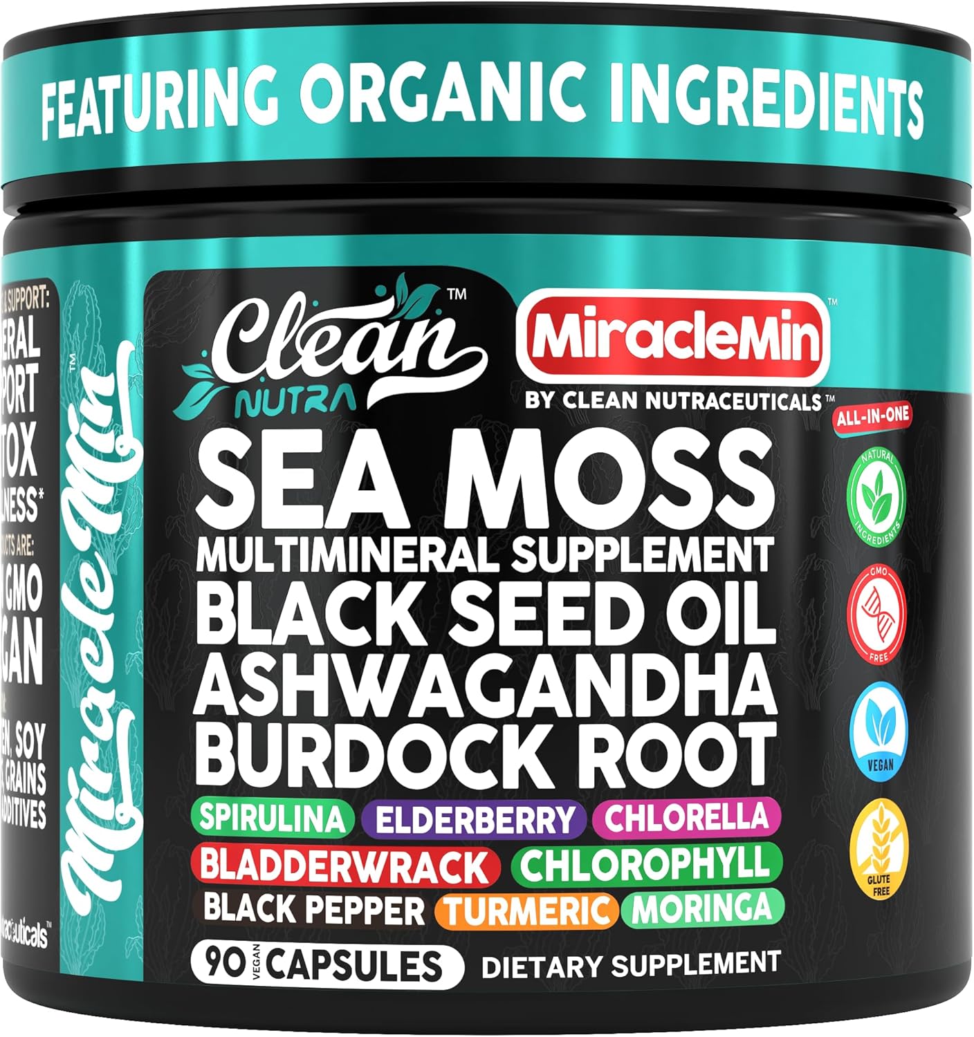 Clean Nutra Sea Moss Capsules with Ashwagandha, Black Seed Oil, Burdock Root, Bladderwrack, Moringa, Chlorella, Spirulina, Turmeric, Elderberry, Amla – 90 Vegan Capsules – MiracleMin