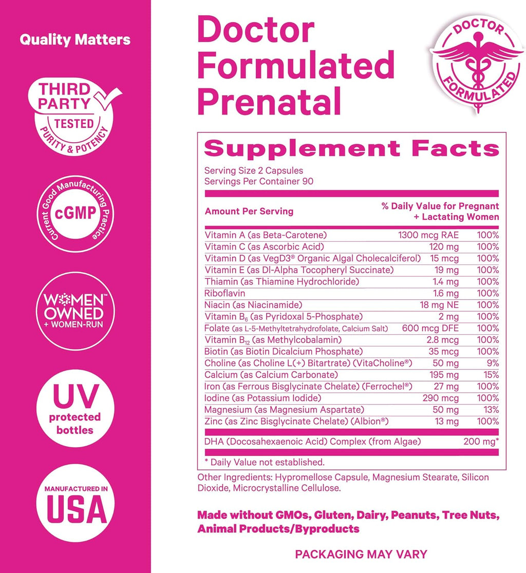Pink Stork Total Prenatal Vitamins with DHA, Folate, Iron, Choline, and Vitamin B12 - Preconception Nutrition - Prenatals for Women, Pregnancy Essentials - Mint Essence, 60 Capsules, 1 Month Supply