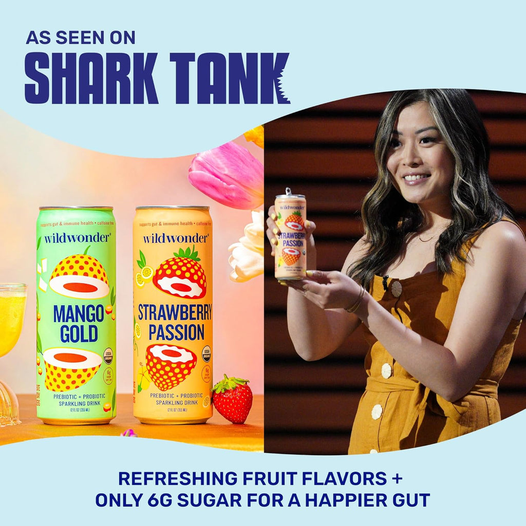 wildwonder Sparkling Probiotic Drink 12pk, For Gut Health & Immune Support, Pineapple Paradise, 5g Prebiotic Fiber, Live Probiotics, Organic, Vegan, Low Sugar, 12 Pack, 12oz Can, As Seen on Shark Tank
