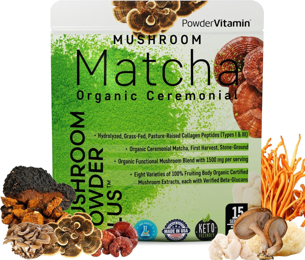 Organic Mushroom Matcha Powder Certified Pesticide-Free Grass-Fed Collagen Types I & III, 8 Fruiting Body Mushrooms Tested for Beta-Glucans Focus Digestion & Immunity 15 Servings