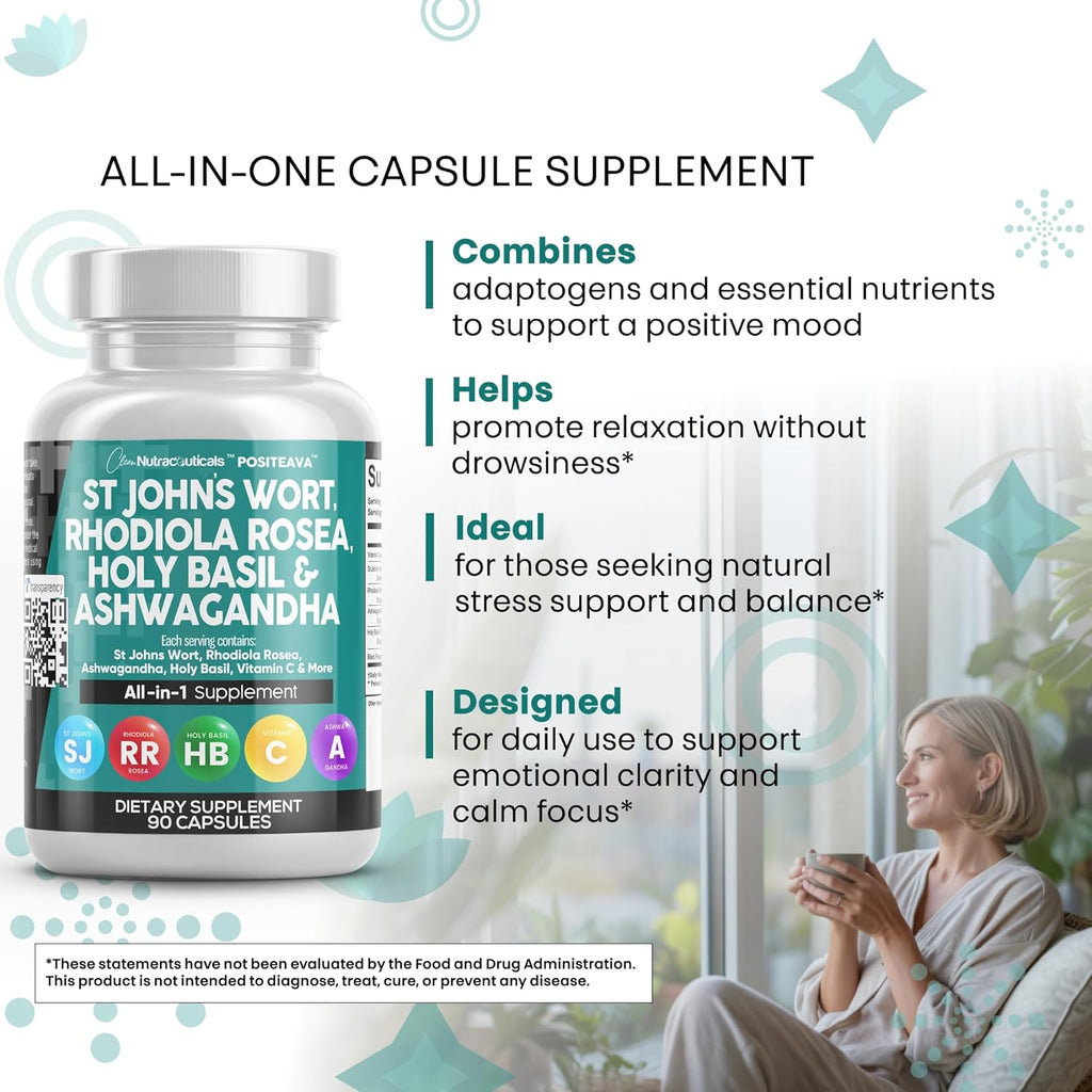 Clean Nutraceuticals St Johns Wort Rhodiola Rosea Holy Basil Ashwagandha - Mood Support for Women and Men with Vitamin C & Black Pepper Extract - 90 Caps