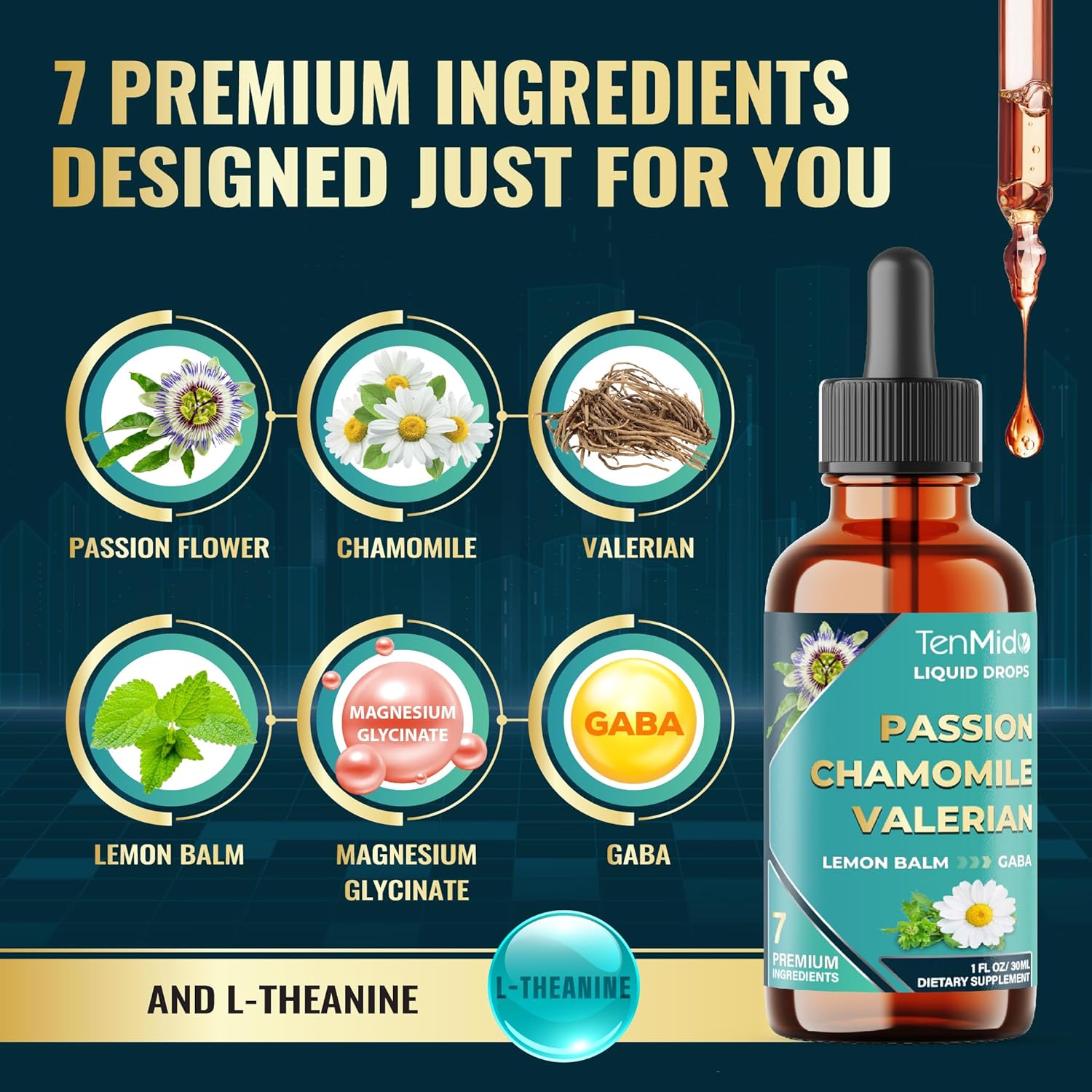 7in1 Passion Flower Extract Liquid Drops with Chamomile, Valerian, Lemon Balm, L-Theanine, GABA, and Magnesium Glycinate - 30ml 1 Fl Oz