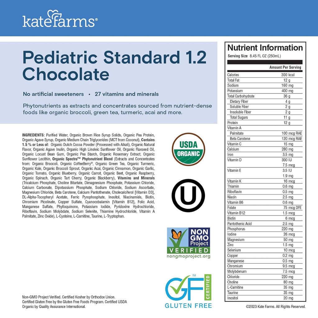 KATE FARMS Organic Pediatric 1.2 High Calorie Chocolate Nutrition Shake, 12g Protein, 27 Vitamins and Minerals, Meal Replacement, 8.45 oz (6 pack)