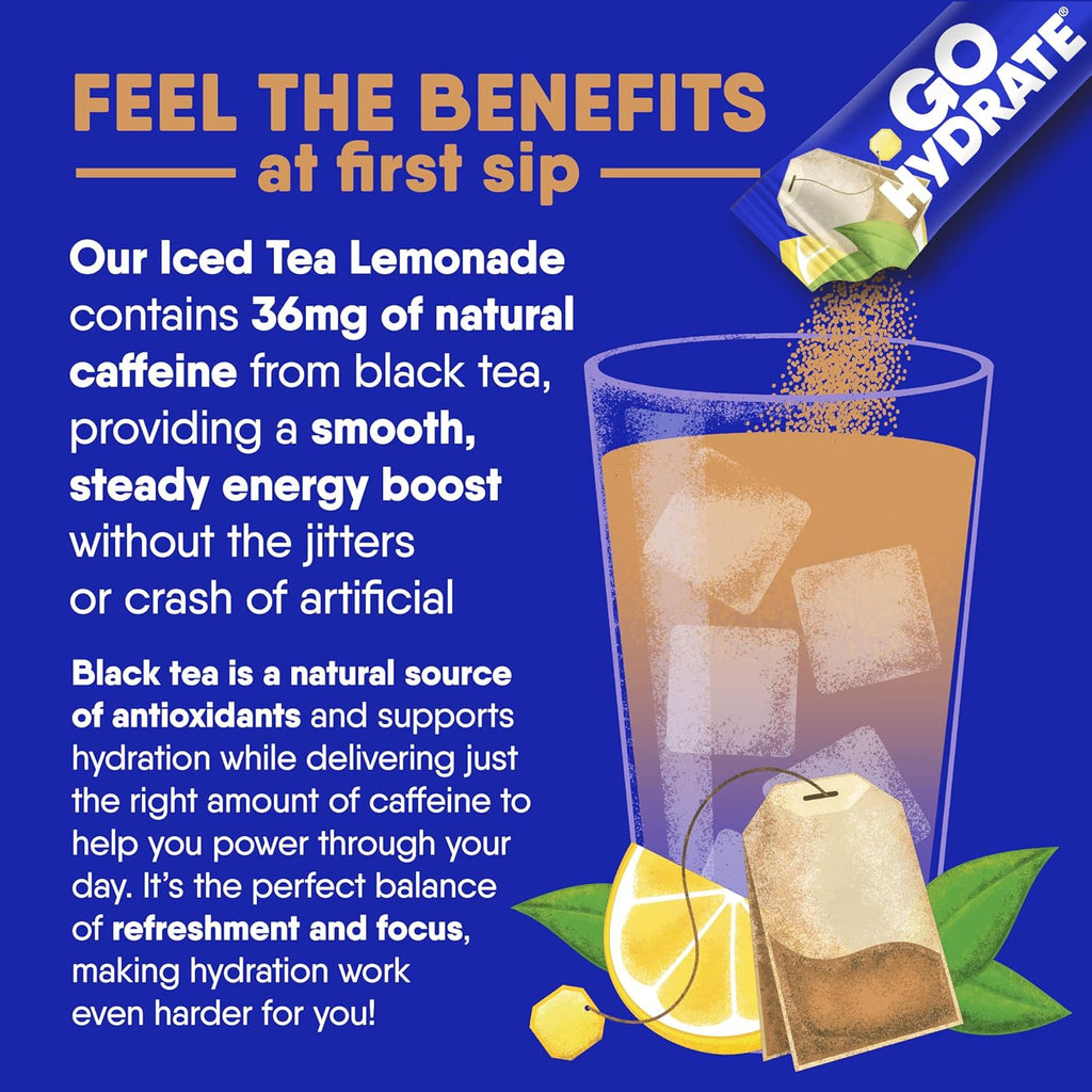 GoHydrate Low Sodium Electrolytes Powder Packets Sugar Free - Instant Hydration Daily Drink Mix - Zero Sugar Water Flavor Packet Singles with Vitamin D - (Iced Tea Lemonade, 30 Packs)