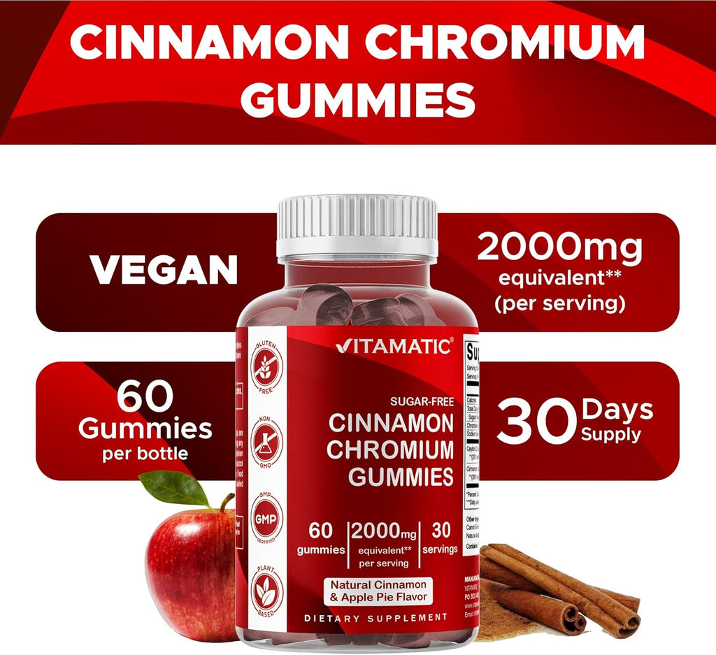 Vitamatic Sugar-Free Chromium Gummies with Ceylon Cinnamon – 2000 mg Equivalent Per Serving (from Extract 83 mg) – Non-GMO, Gluten-Free – 60 Vegan Gummies – 2 Pack
