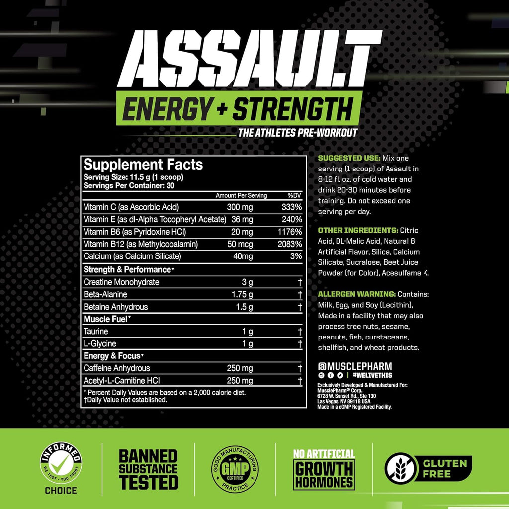 MusclePharm Assault Energy & Strength Pre Workout Powder for Men & Women with Beta Alanine, Caffeine, Creatine & Betaine Anhydrous, Pre-Workout Supplements, 30 Servings, Watermelon Flavor
