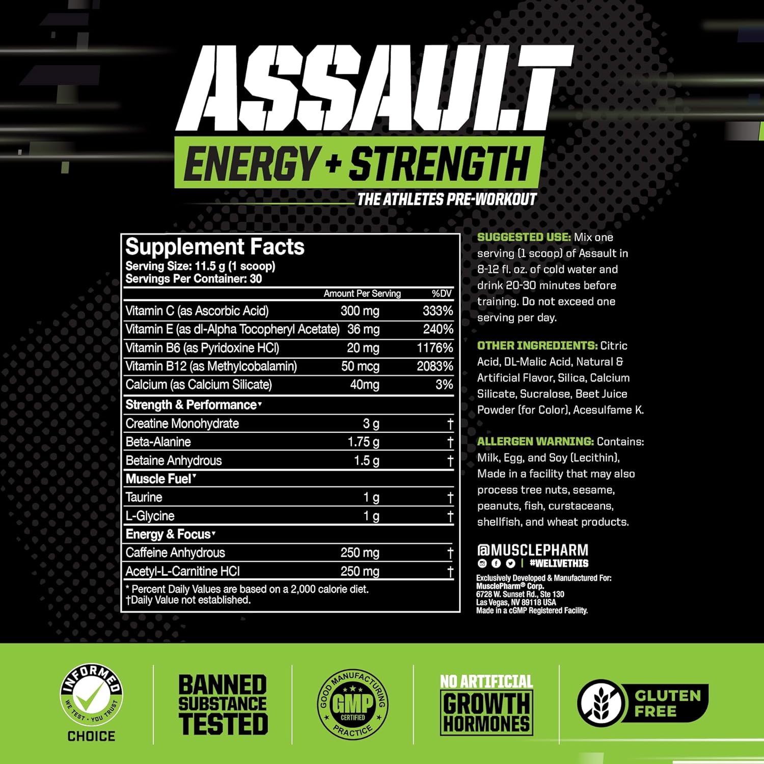MusclePharm Assault Energy & Strength Pre Workout Powder for Men & Women with Beta Alanine, Caffeine, Creatine & Betaine Anhydrous, Pre-Workout Supplements, 30 Servings, Watermelon Flavor