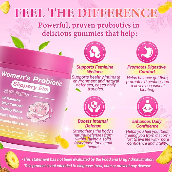 Her Juicy Feminine Probiotics Gummies for Women, Supports Natural pH Balance, Immune Health & Digestive Wellness with Slippery Elm - 60 Pineapple Gummies