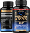Brain Supplement for Memory & Focus 750 mg - Magnesium | L-Theanine | Bacopa Monnieri | Ginkgo Biloba | Lions Mane - 12in1 Nootropic Complex for Neuro Health - Caffeine-free - Made in USA, 60 Capsules