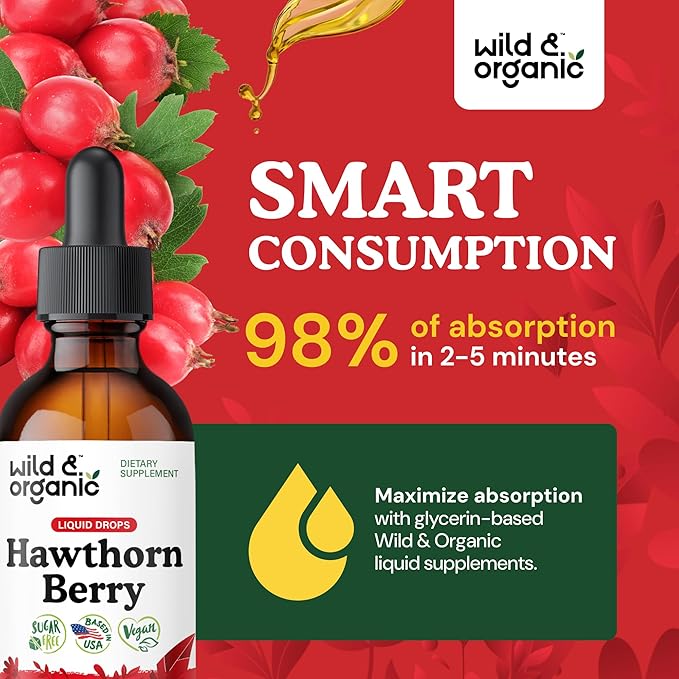 Wild & Organic Hawthorn Berry Extract Drops 600 mg - Liquid Hawthorne Supplement for Overall Support - Vegan, Sugar & Alcohol-Free Herb Tincture - 2 fl oz