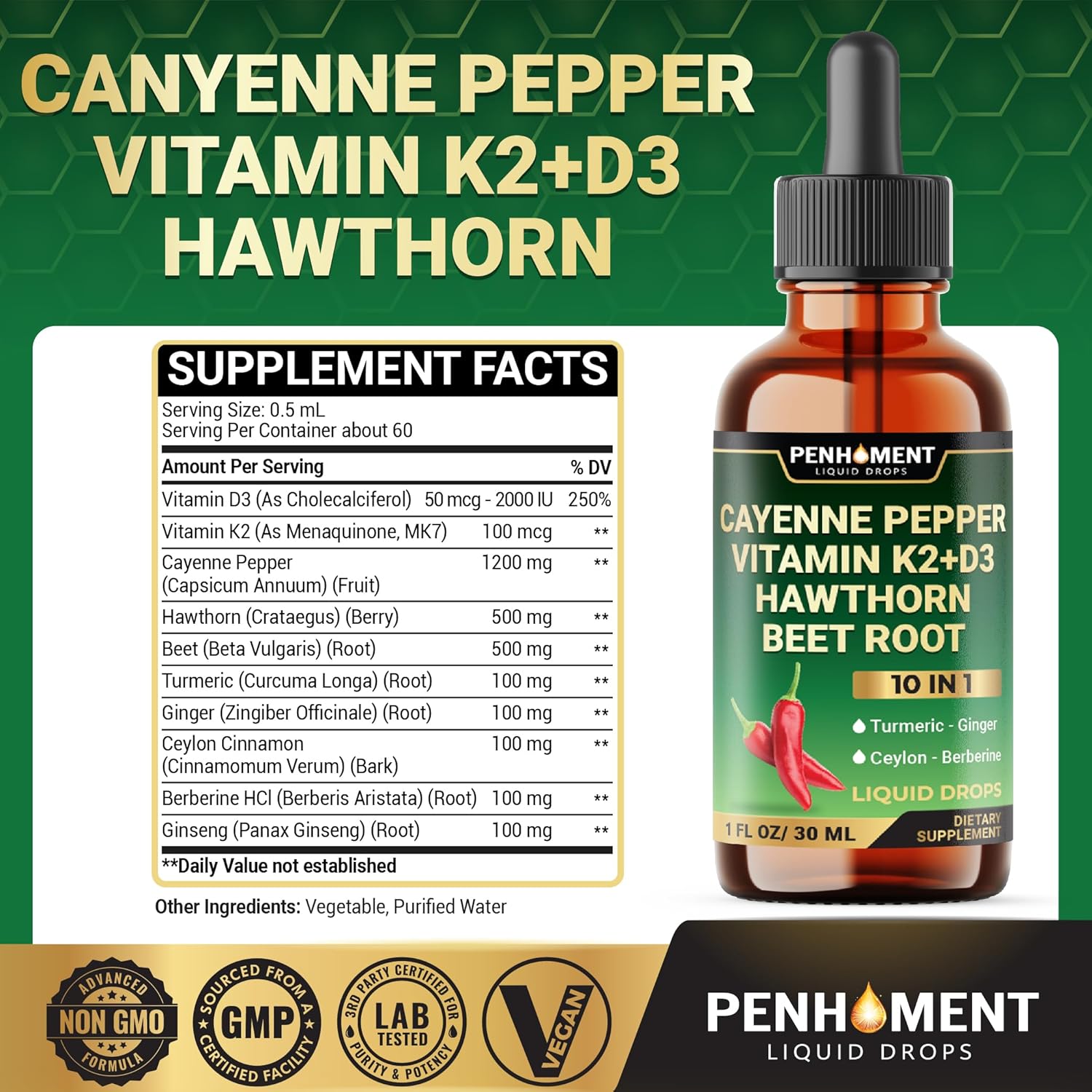10in1 2700mg Cayenne Pepper Liquid Drops + Hawthorn Berry, Vitamin D3 K2 Beet Root Turmeric Ginger and More - Digestion Support - 1 Fl Oz - 2 Months Supply