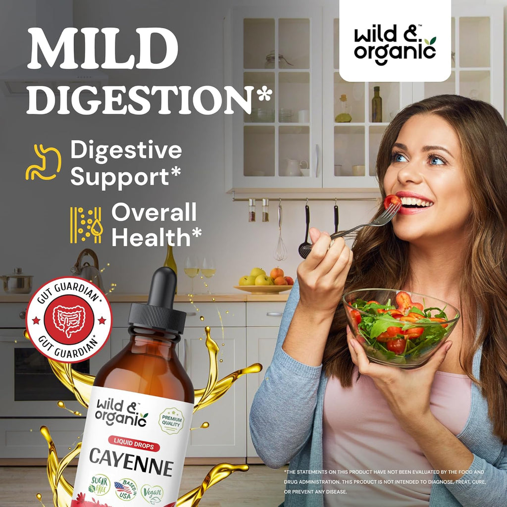 Wild & Organic Cayenne Pepper Tincture - Digestive Support with Capsaicin Extract - Cayenne Pepper Liquid Drops for Overall Well-Being - Vegan, Sugar & Alcohol-Free - 4 fl oz (Pack of 2)