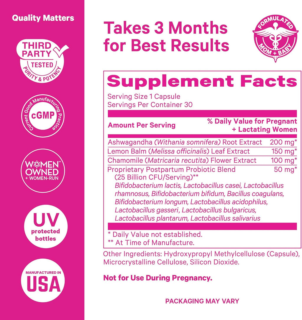 Pink Stork Probiotics for Postnatal Women - 30 Billion CFUS with Ashwagandha and Chamomile, Postpartum Essentials for Hormone Balance, Mood Support, Gut Health, Digestive Wellness, 30 Capsules