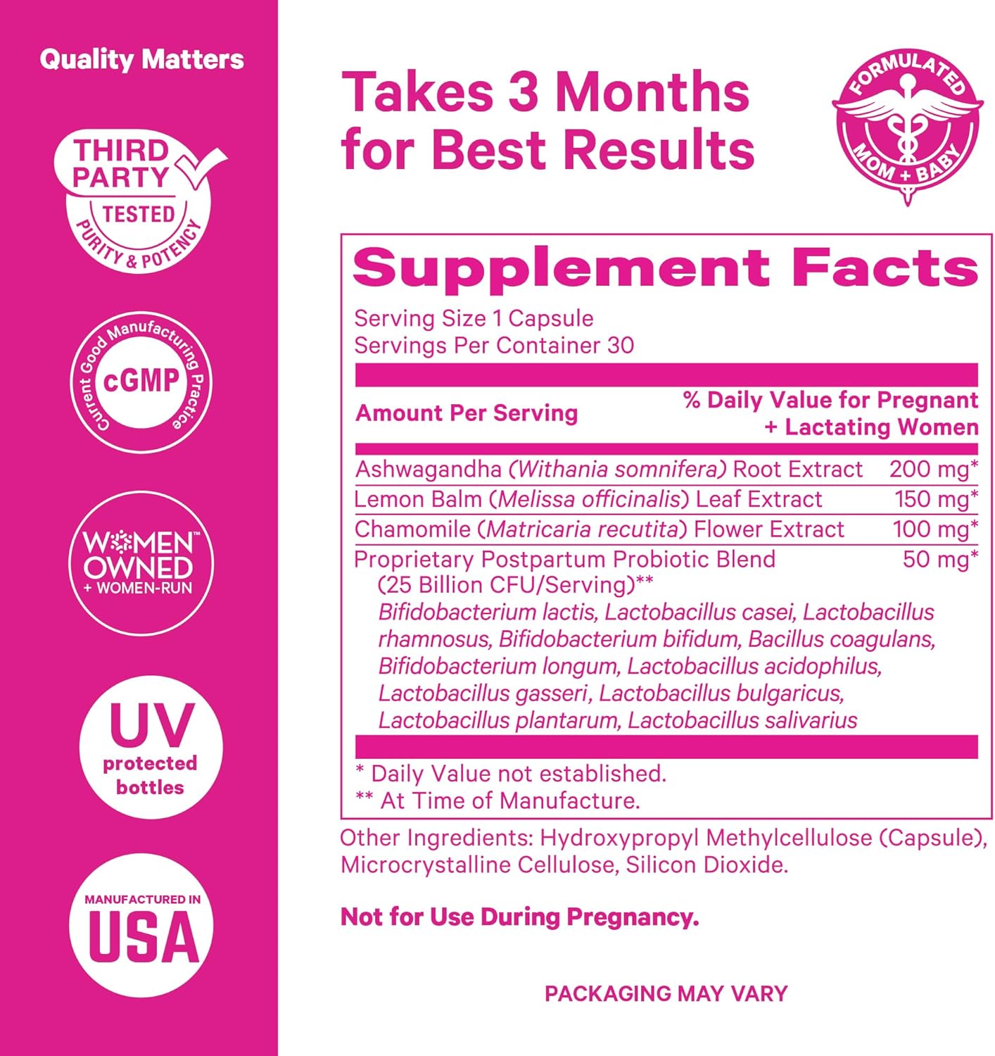 Pink Stork Probiotics for Postnatal Women - 30 Billion CFUS with Ashwagandha and Chamomile, Postpartum Essentials for Hormone Balance, Mood Support, Gut Health, Digestive Wellness, 30 Capsules