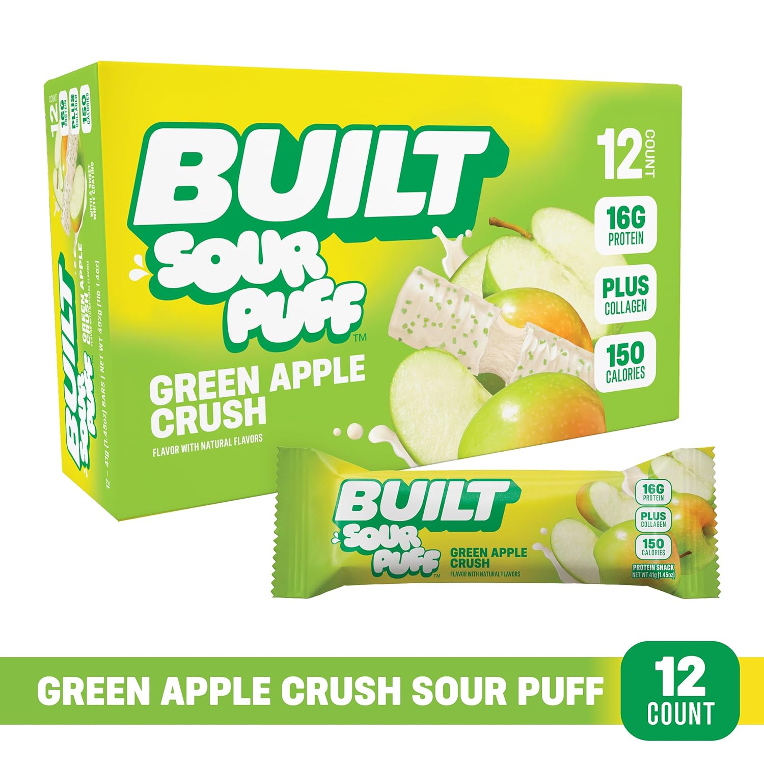 Built Bar, Sour Puff Protein Bars, Green Apple Crush, Collagen, On-the-go Snacks, Sour Candy Snack, 12 Pack