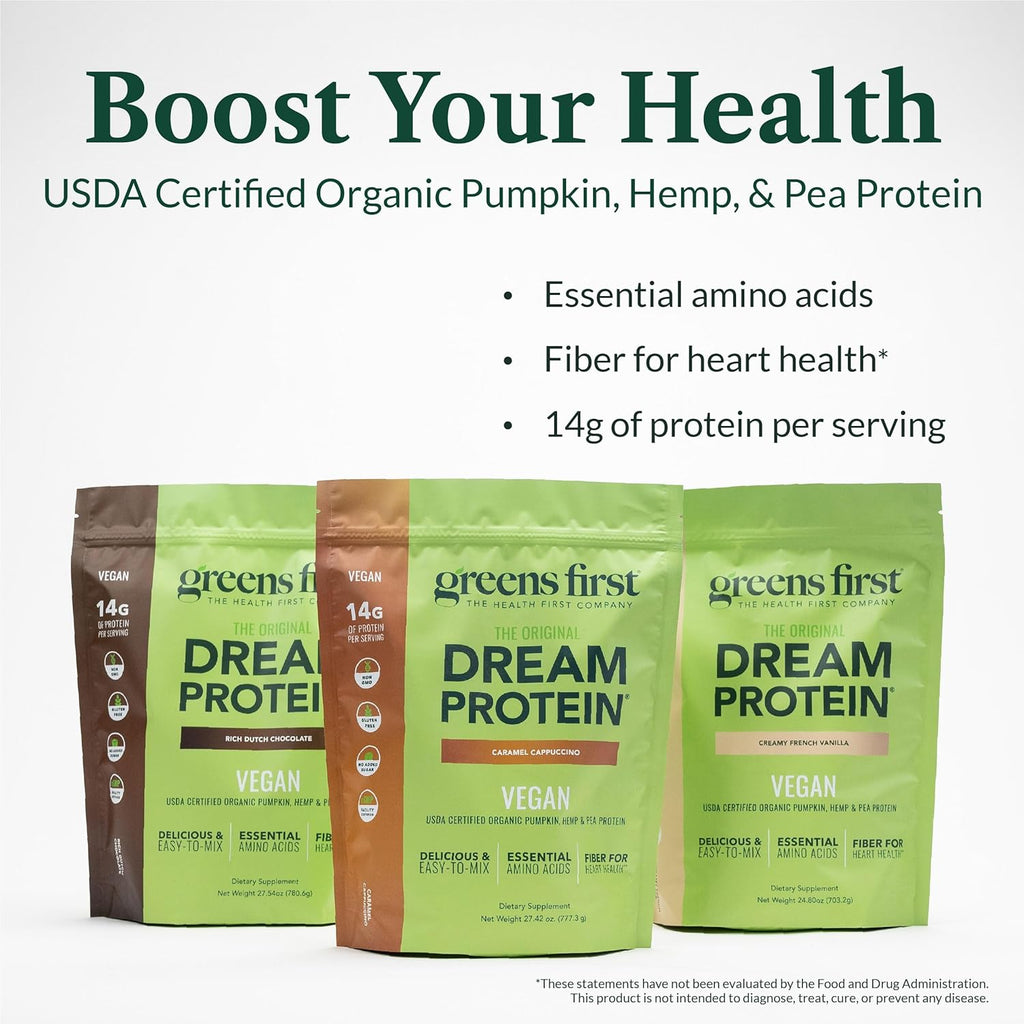 Greens First Dream Protein Plant-Based Vegan Powder - USDA Organic Pumpkin, Hemp & Pea Protein - Gluten-Free, Non-GMO, No Added Sugar (Caramel Cappuccino, 27.42 oz)