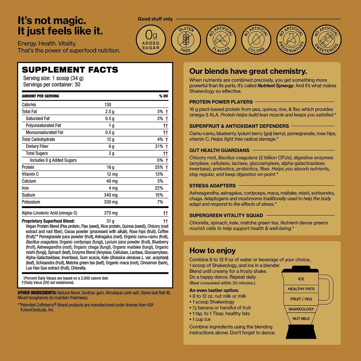 Shakeology 0g Added Sugar Plant Based Protein Powder Blend, Gluten-Free Shake with Vitamins and Minerals – Helps Support Healthy Weight Loss, Lean Muscle, Gut Health – Cafe Latte, 30 Servings