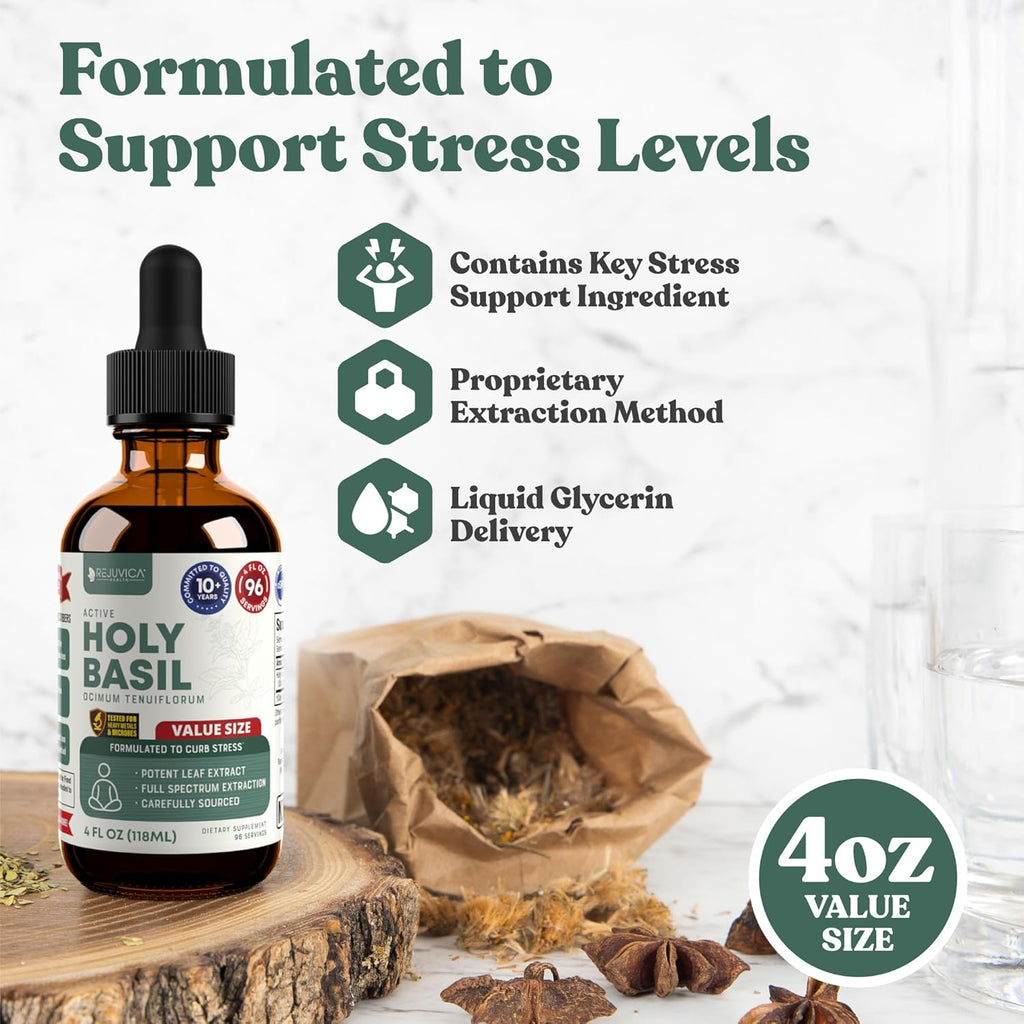 Rejuvica Health Active Holy Basil 4oz XL Super Size - Advanced Stress Support Supplement Drops - Holy Basil Leaves Liquid Extract - Vegan Sugar Free Non GMO Tincture