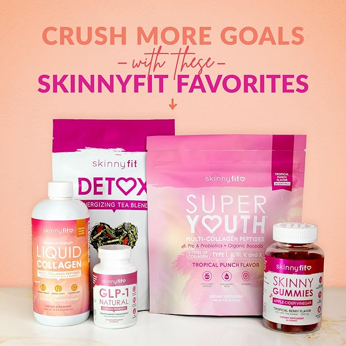 SkinnyFit - Super Youth Collagen for Women - Multi Collagen Peptides Powder - Probiotics, Fiber, Hyaluronic Acid - Non GMO, Gluten Free, Sugar Free - Beauty & Self Care - Peach Mango (28 Servings)