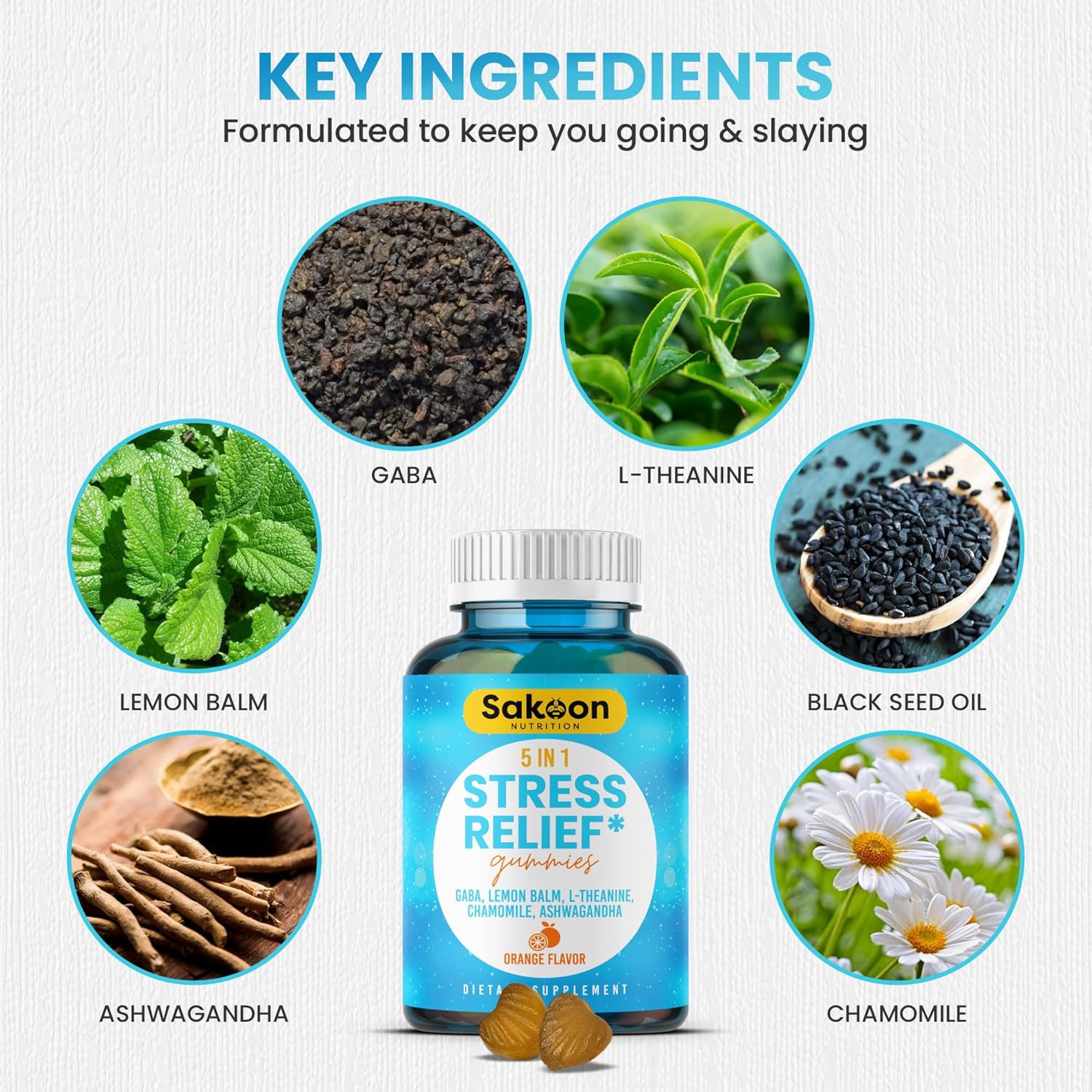 6-in-1 Stress Relief Gummies 60ct - Aids Relaxation with Ashwagandha, GABA, L-theanine, Lemon Balm, Chamomile, Black Cumin Seed Nigella Sativa. Improved Deep Sleep, Joint Support - 60 gummies