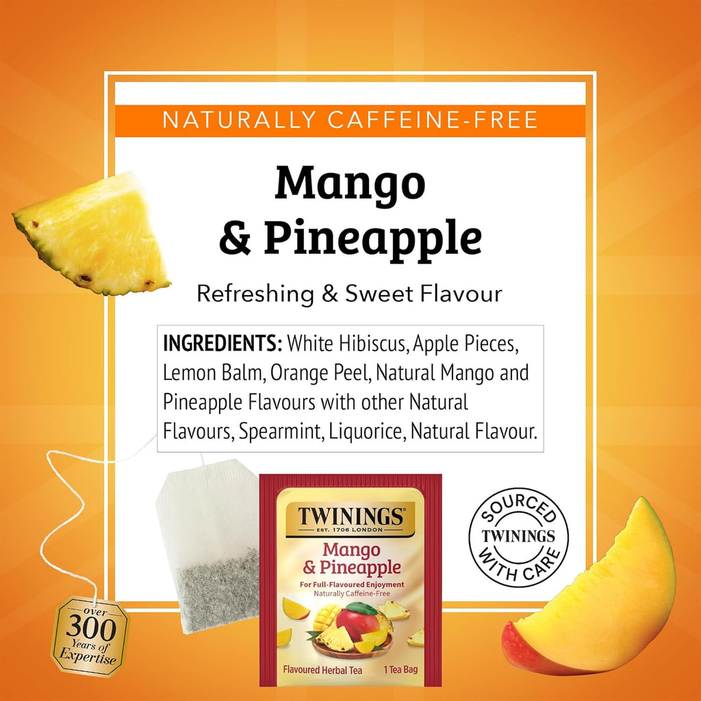 Twinings Mango & Pineapple Herbal Tea Individually Wrapped Bags, 20 Count (Pack of 2), Naturally Caffeine-Free, Enjoy Hot or Iced, 20 Teabags