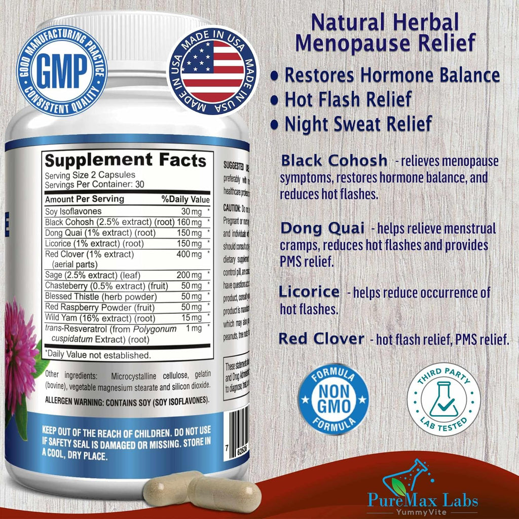 Menopause Support for Women - Natural Menopause Supplement for Hormonal Balance, Hot Flash Relief with Black Cohosh, Dong Quai - 60 Capsules
