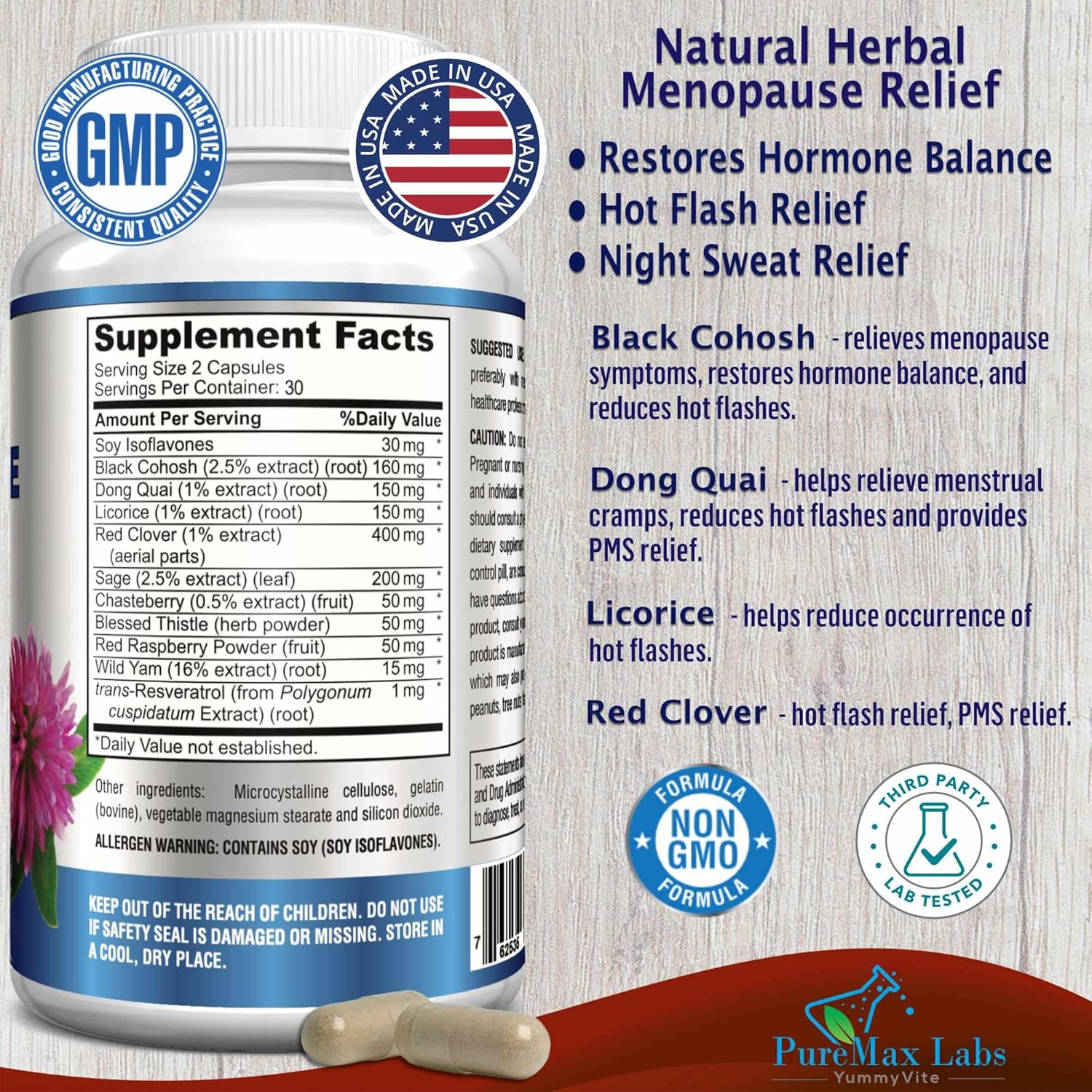 Menopause Support for Women - Natural Menopause Supplement for Hormonal Balance, Hot Flash Relief with Black Cohosh, Dong Quai - 60 Capsules