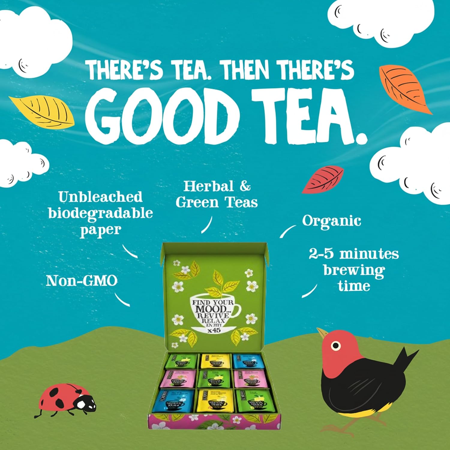 Clipper Tea: Organic Herbal & Green Tea Set, Gift Box – Tea Selection & Sampler with 5 Flavors Including Lemon, Ginger, and Bedtime Teas – Assorted Tea Bags in Colorful Tea Box, 45 Unbleached Tea Bags