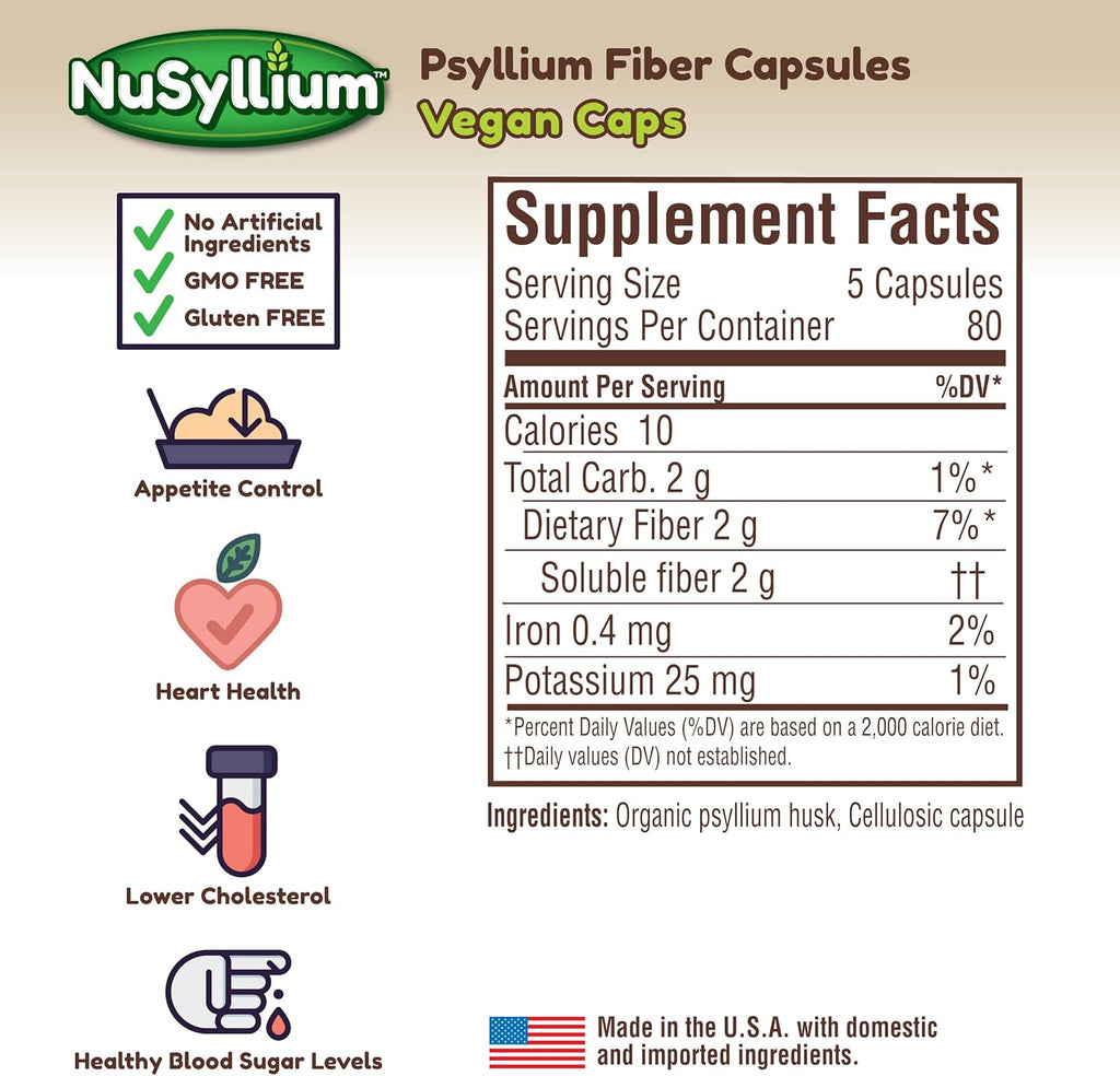 NuSyllium Psyllium Husk Capsules, Organic, USDA Sugar Free, Vegan, 175 Count, Keto-Friendly Dietary Fiber Supplement, Helps Promote Digestive Health*