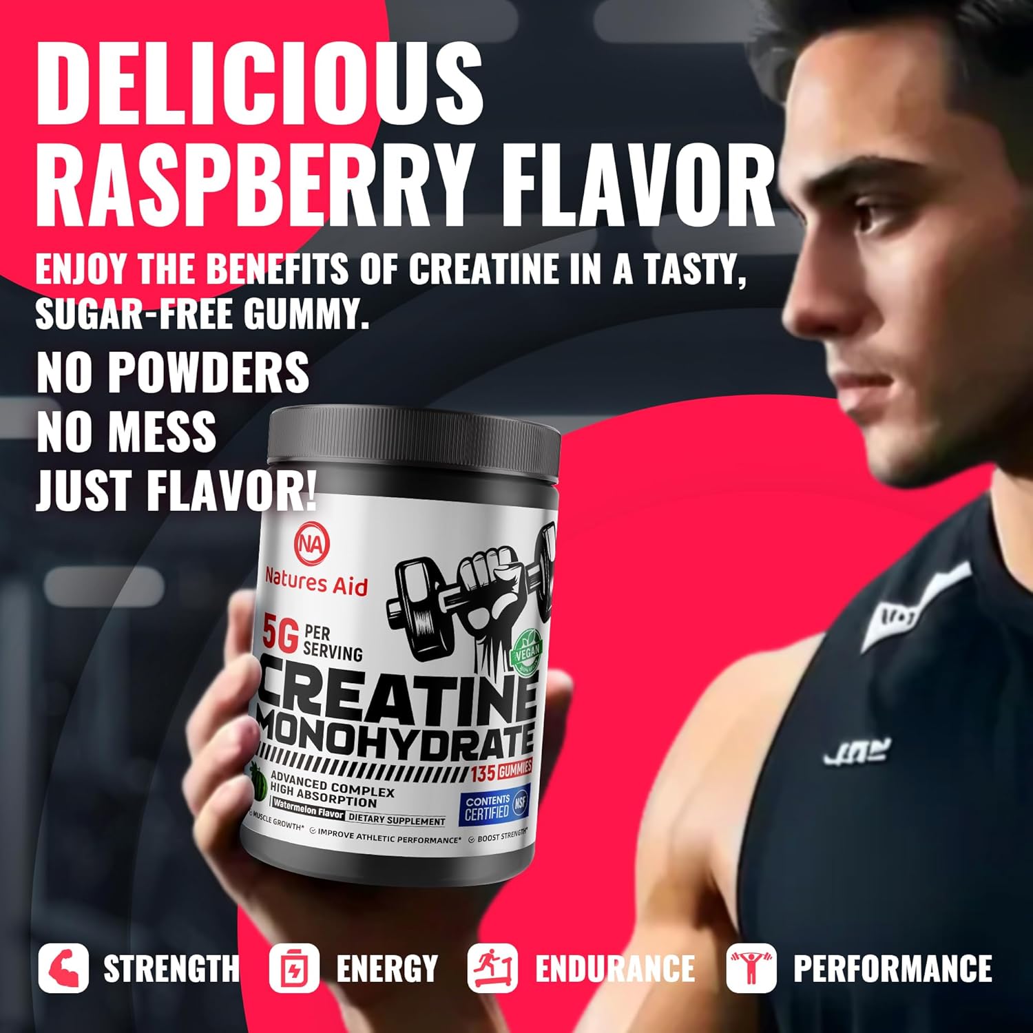 Natures Aid Creatine Monohydrate Gummies (5g) – Pre-Workout Energy & Muscle Growth Support for Men & Women | Watermelon Electrolyte Gummies (135 Count)