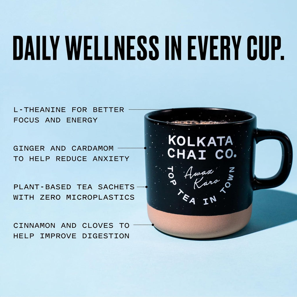 Kolkata Chai - Signature Chai Tea Bag, 15 Count, Premium Organic Assam Black Tea and Spices, Compostable Tea Bags, Vegan, All Natural