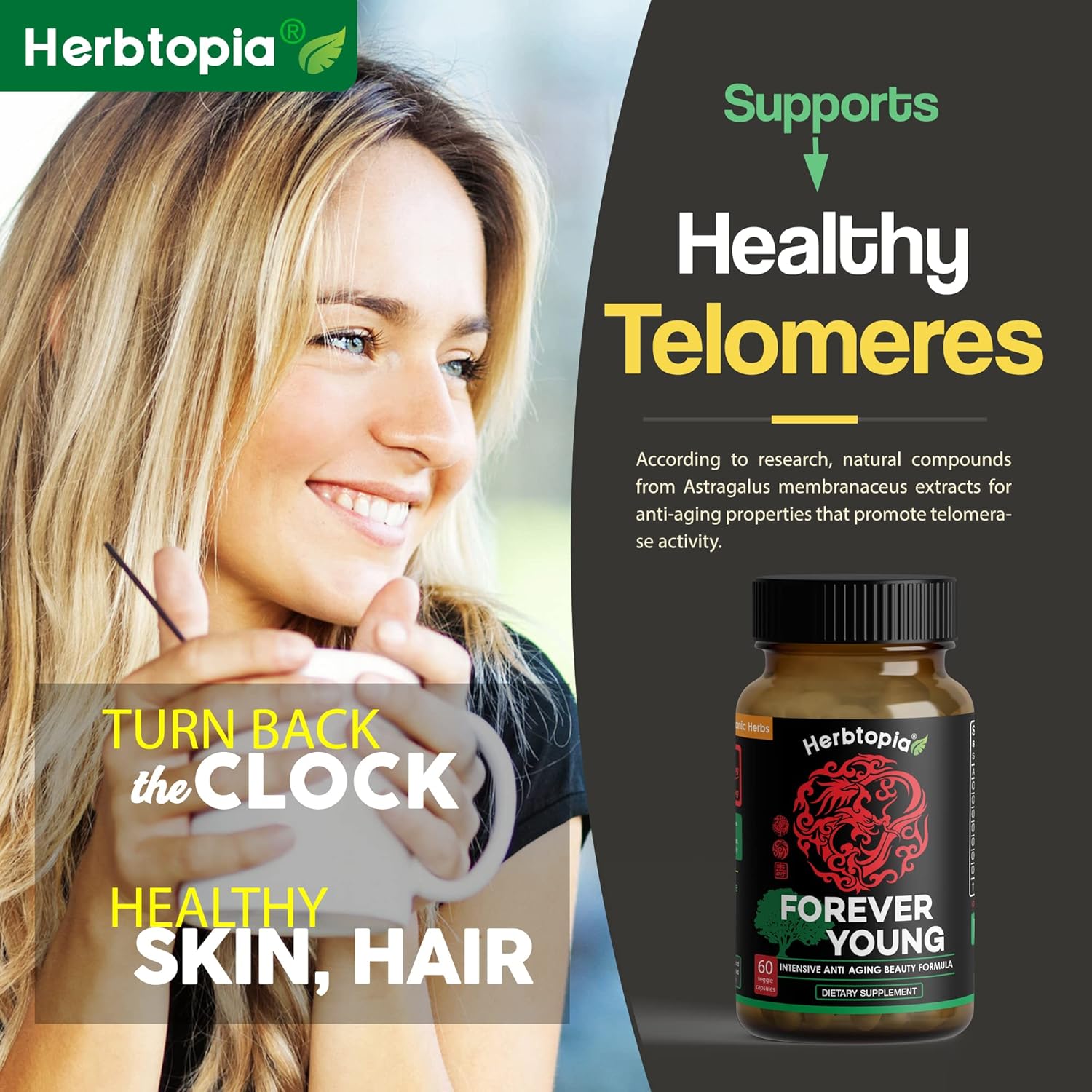 Forever Young Longevity Supplement for Immunity, Anti Gray Hair, Telomere Lengthening & Happy Mood w/Ginseng, Astragalus, Lions Mane, Reishi Mushroom, Codonopsis | Organic - 60 Caps