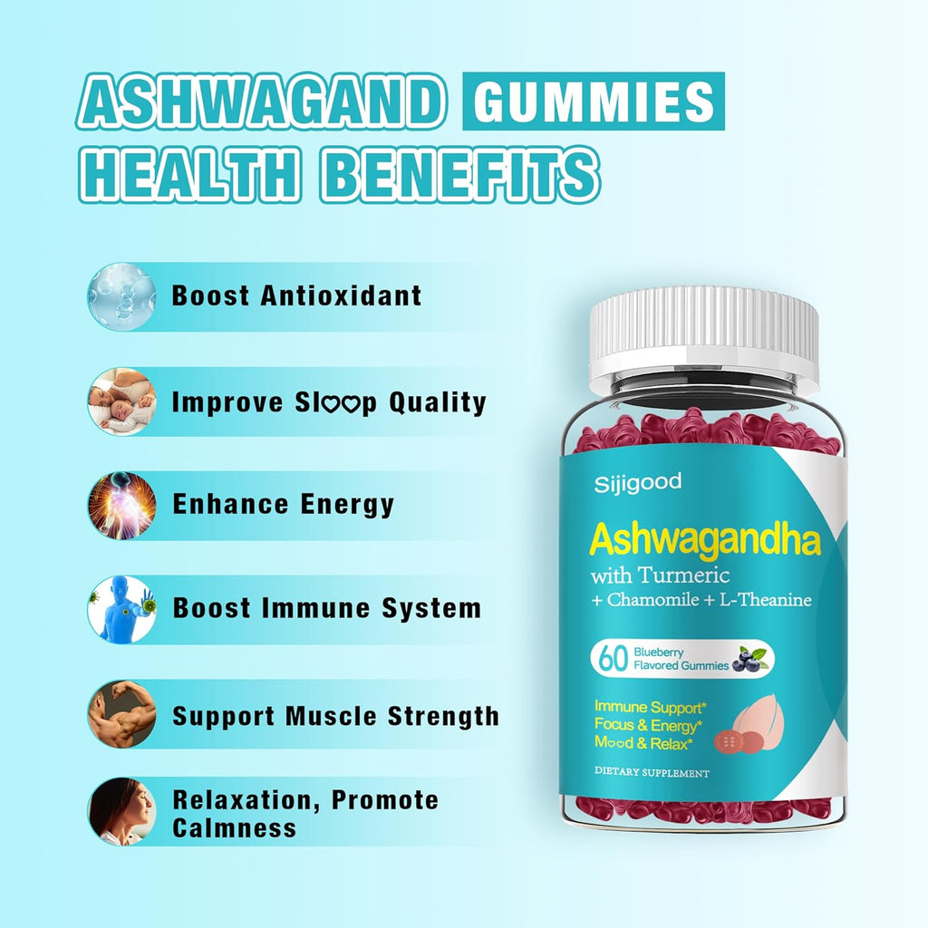 Ashwagandha Gummies, Support for Immunity, Relaxation, Ashwagandha Supplements for Men & Women, Natural Blueberry Flavor, 60 Count