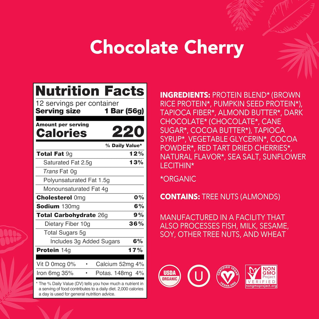 ALOHA Organic Plant Based Protein Bars - Chocolate Cherry - 12 Bars, Vegan, Low Sugar, Gluten-Free, Paleo, Low Carb, Non-GMO, No Stevia, No Erythritol