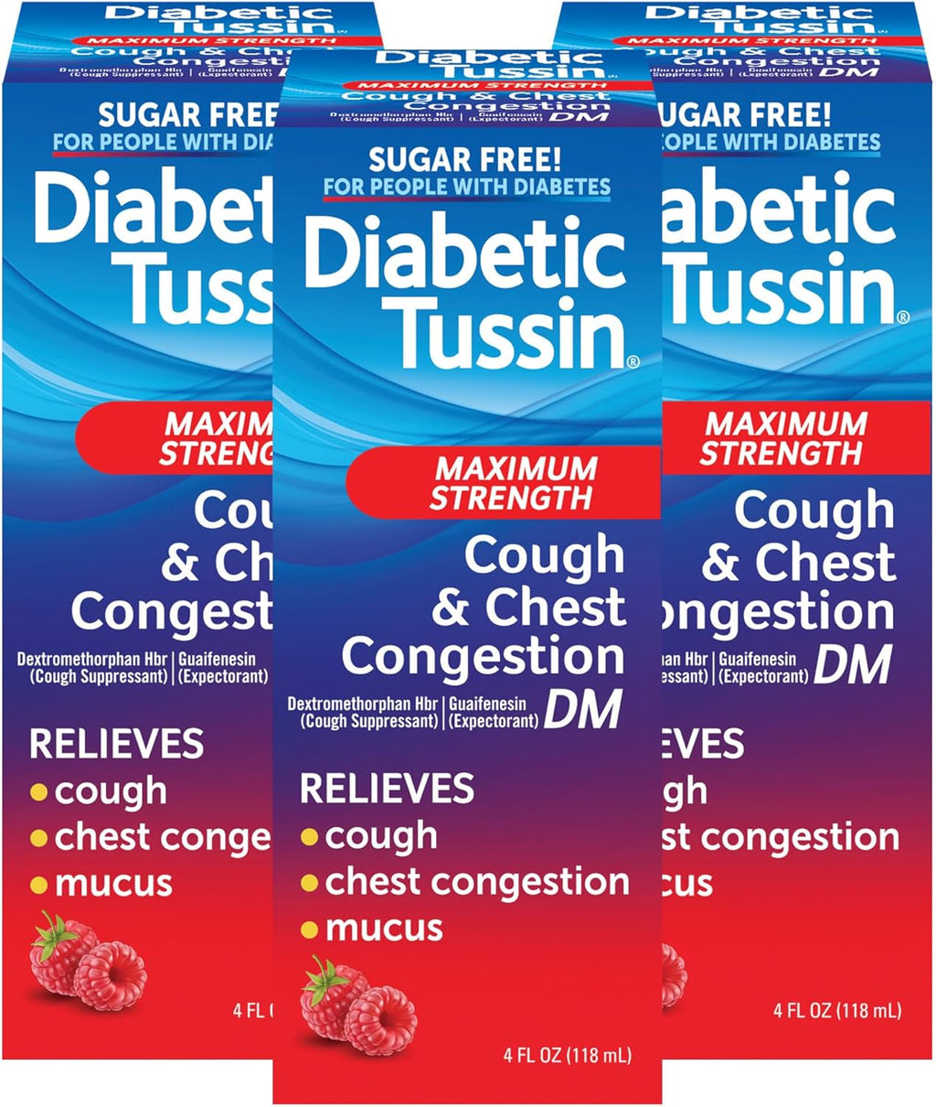Diabetic Tussin DM Maximum Strength Cough Medicine for Adults, People with Diabetes – No Sugar, Dyes, Sodium, Fructose or Alcohol – Berry Flavored Cough Syrup, 4 Fl Oz, Pack of 3