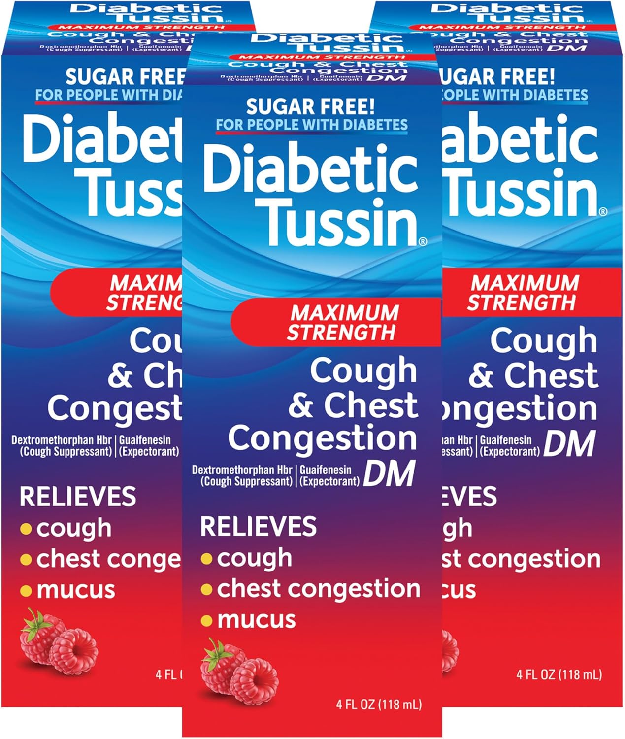 Diabetic Tussin DM Maximum Strength Cough Medicine for Adults, People with Diabetes – No Sugar, Dyes, Sodium, Fructose or Alcohol – Berry Flavored Cough Syrup, 4 Fl Oz, Pack of 3