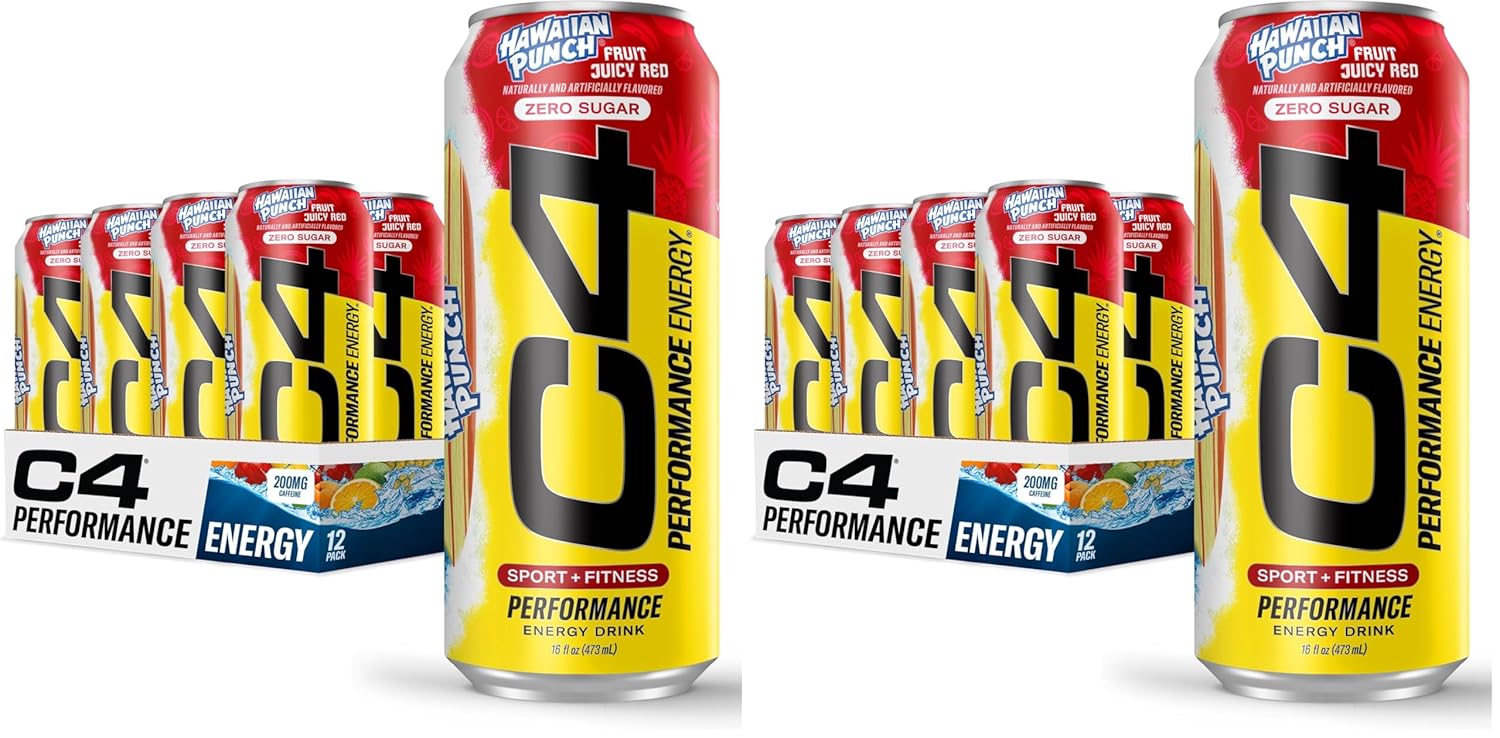 C4 Energy Drink, Hawaiian Punch Fruit Juicy Red, Carbonated Sugar Free Pre Workout Performance Drink with no Artificial Colors or Dyes, 16oz Pack of 24