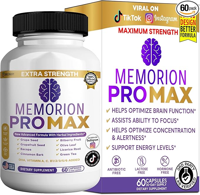 Memorion Pro Max Extra Strength Brain Support Supplement, 60 Capsules, with DHA, Vitamins, Herbal Blend, 30-Day Supply (1)