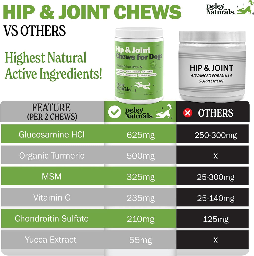 Deley Naturals Hip and Joint Supplement for Dogs - Glucosamine for Dogs with MSM, Turmeric, Chondroitin & Collagen Supplements - Joint Support Chews for Mobility, Flexibility & Comfort - 120 Chews