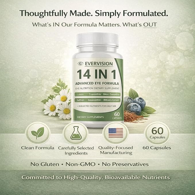 Evervision 14-in-1 Advanced Eye Formula, Daily Eye Nutrition Supplement with Lutein, Zeaxanthin, Saffron & Bilberry Extract, Eye Health Support for Adults – 60 Capsules (2)