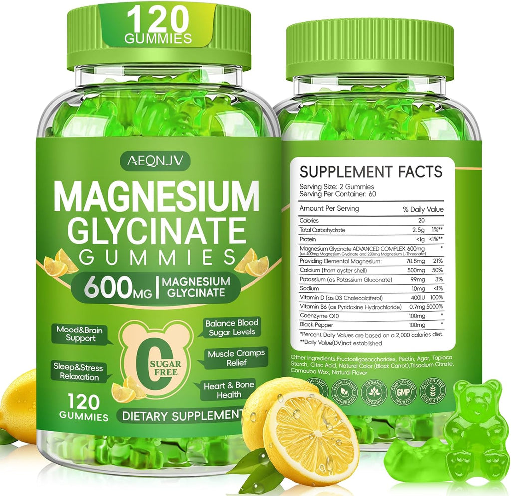 Magnesium Glycinate Gummies 600mg for Women and Men, High Absorption Magnesium Glycinate with Vitamin D, B6, and CoQ10 for Calm Support & Sleep, Sugar Free, Vegan, 60 Days Supply