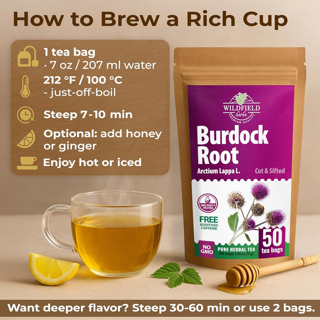 Wildfield Herbs 50 Bags Burdock Root Tea Herb Dried Burdock Root Tea Herb (Arctium Lappa Root) - 50 Count 1.5g Bags Bardana