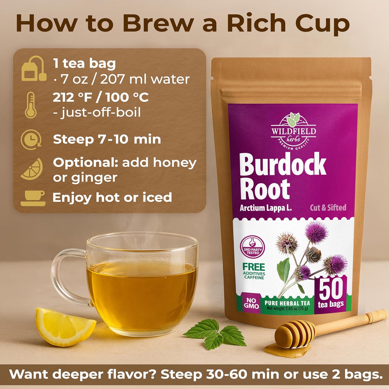 Wildfield Herbs 50 Bags Burdock Root Tea Herb Dried Burdock Root Tea Herb (Arctium Lappa Root) - 50 Count 1.5g Bags Bardana