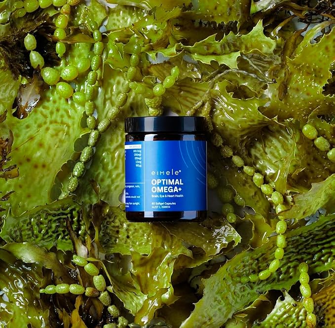 eimele | Optimal Omega+ | Plant-Based Omega-3 EPA & DHA | Supplement for Brain, Eye & Heart Health | Antioxidant Support for Cognitive Function & Wellbeing | Non-GMO | Vegan | 60 softgel Capsules