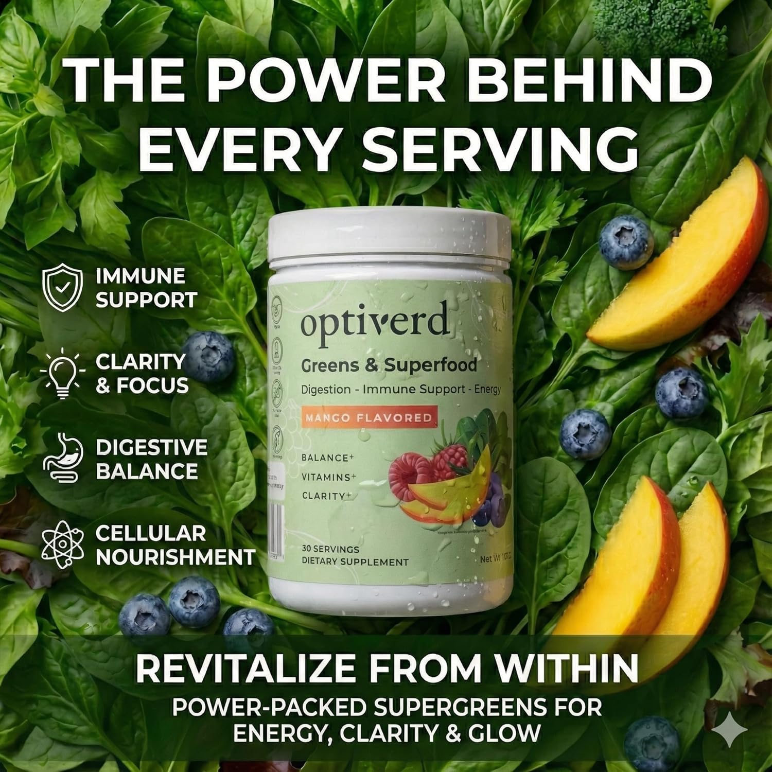 Organic Greens Superfood Powder with Probiotics & Enzymes – Max Gut Health, Energy & Detox – Immune Support – Vegan, Gluten-Free – Mango Flavor (30 Servings)