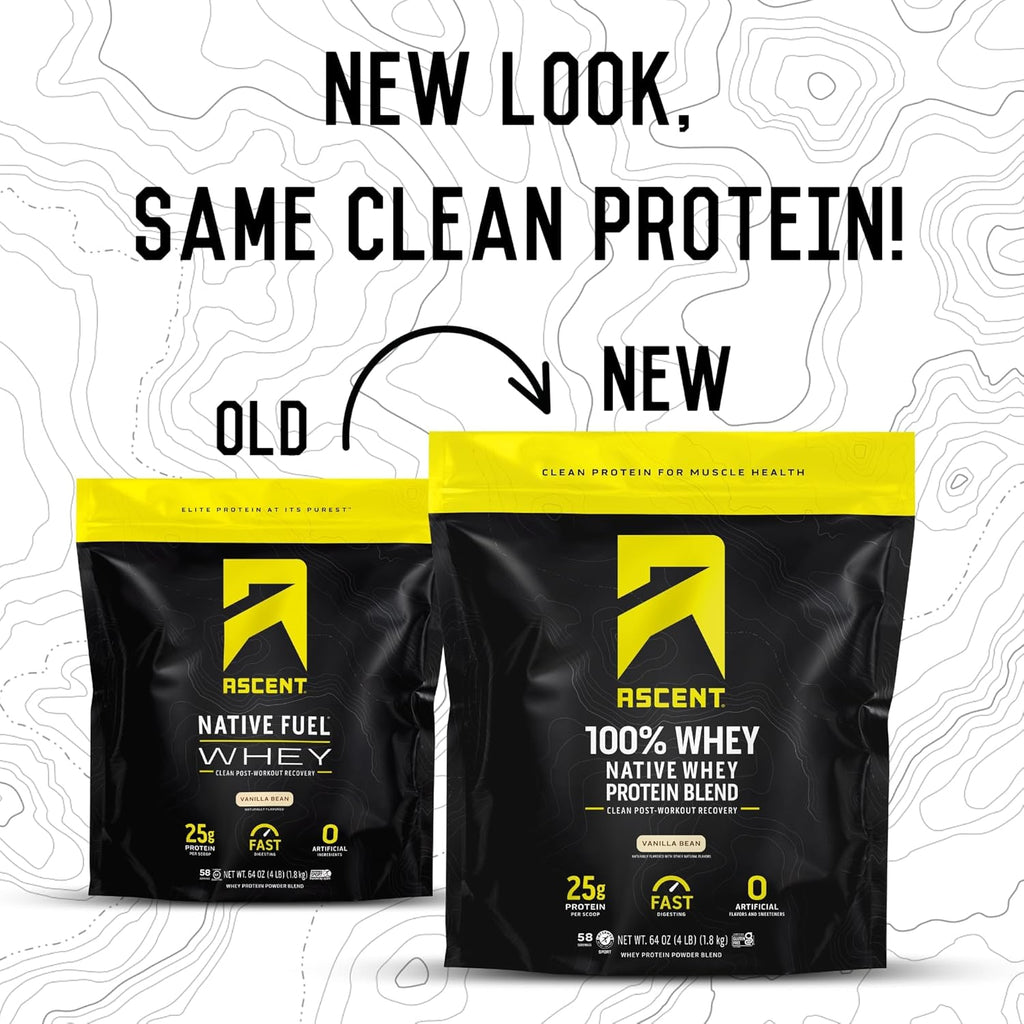Ascent 100% Whey, Native Whey Protein Blend - Clean Post Workout Recovery, Digesting, Zero Artificial Flavors & Sweeteners, Gluten Free, 5.5g BCAA, 2.6g Leucine, Vanilla Bean 4 lb.